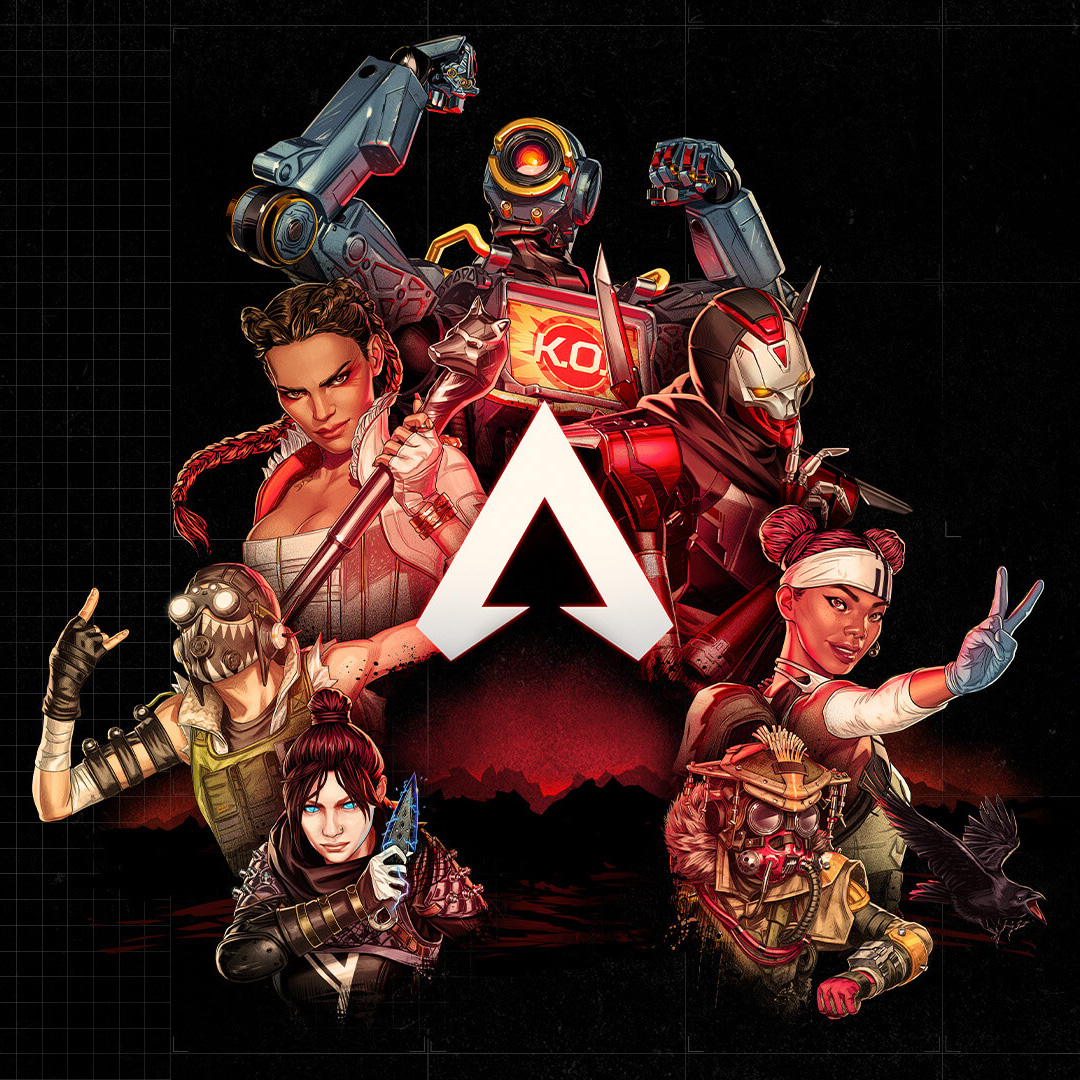 A white Apex logo with Apex Legends characters gathered around it.