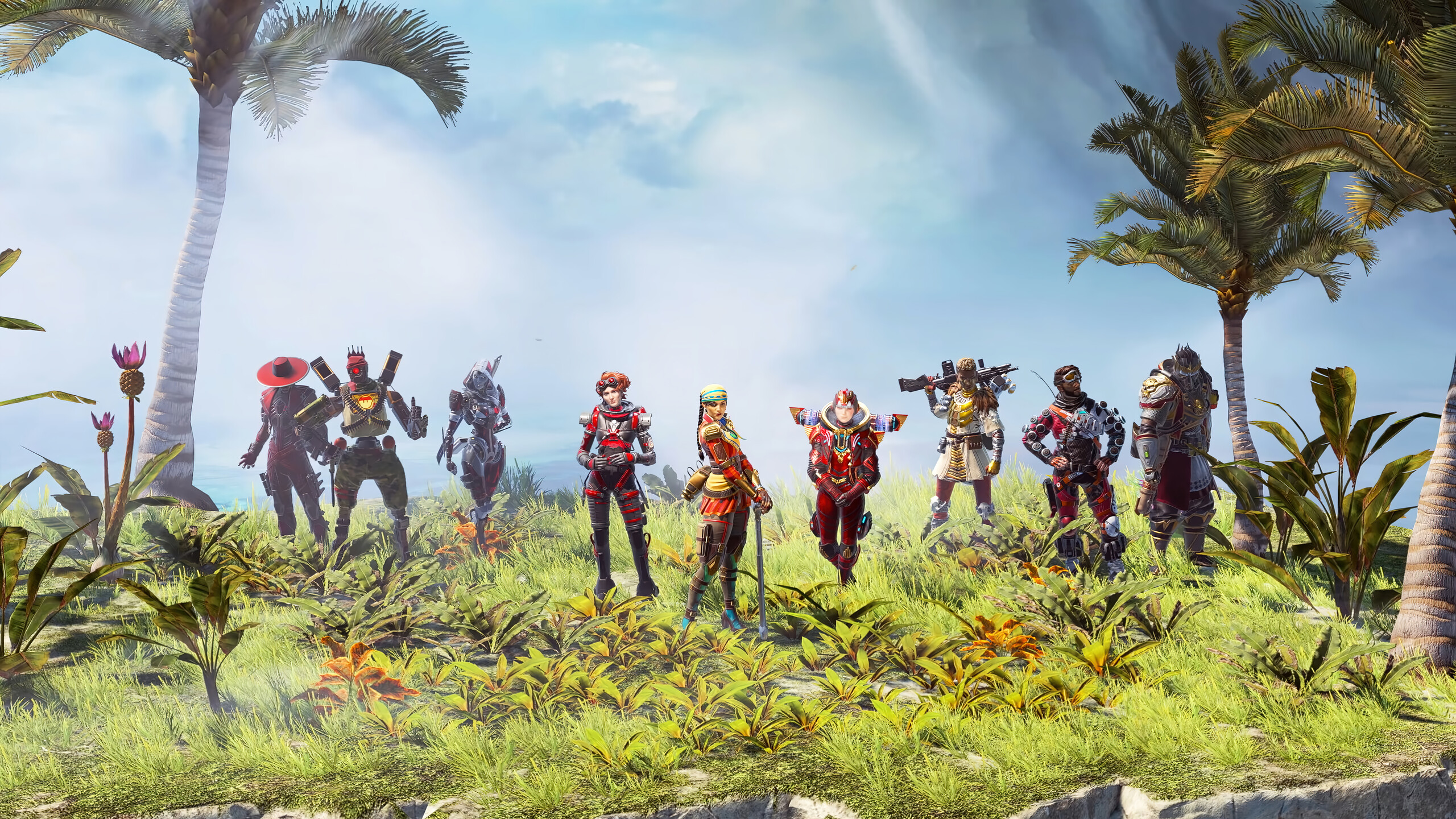 sub1s' background image. Seer, Pathfinder, Ash, Horizon, Loba, Wattson, Bangalore, Mirage, and Caustic are standing and staring straight ahead.